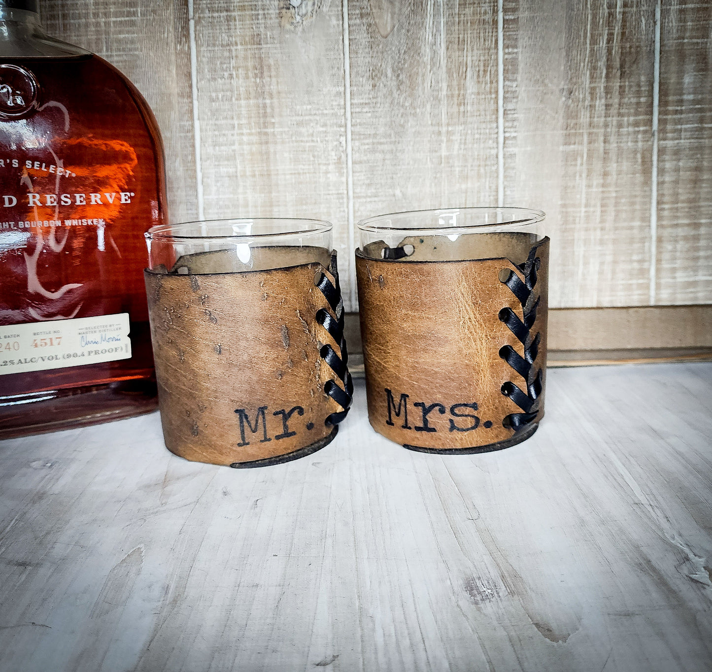 Personalized whiskey glass wrapped in leather | Custom Anniversary Gift for men | Whiskey Lovers anniversary gift | rocks glasses