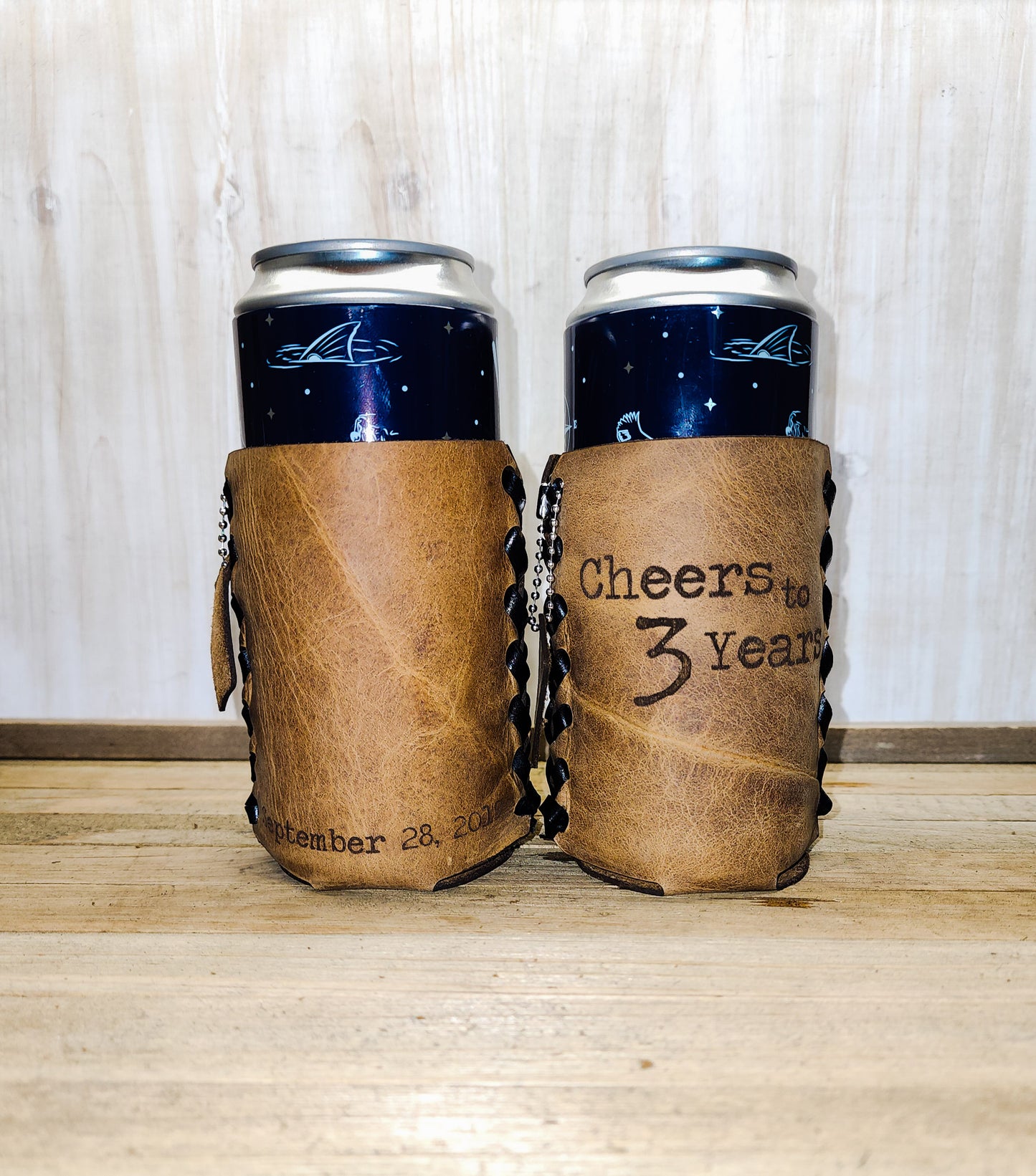 Premium leather anniversary can coozie.