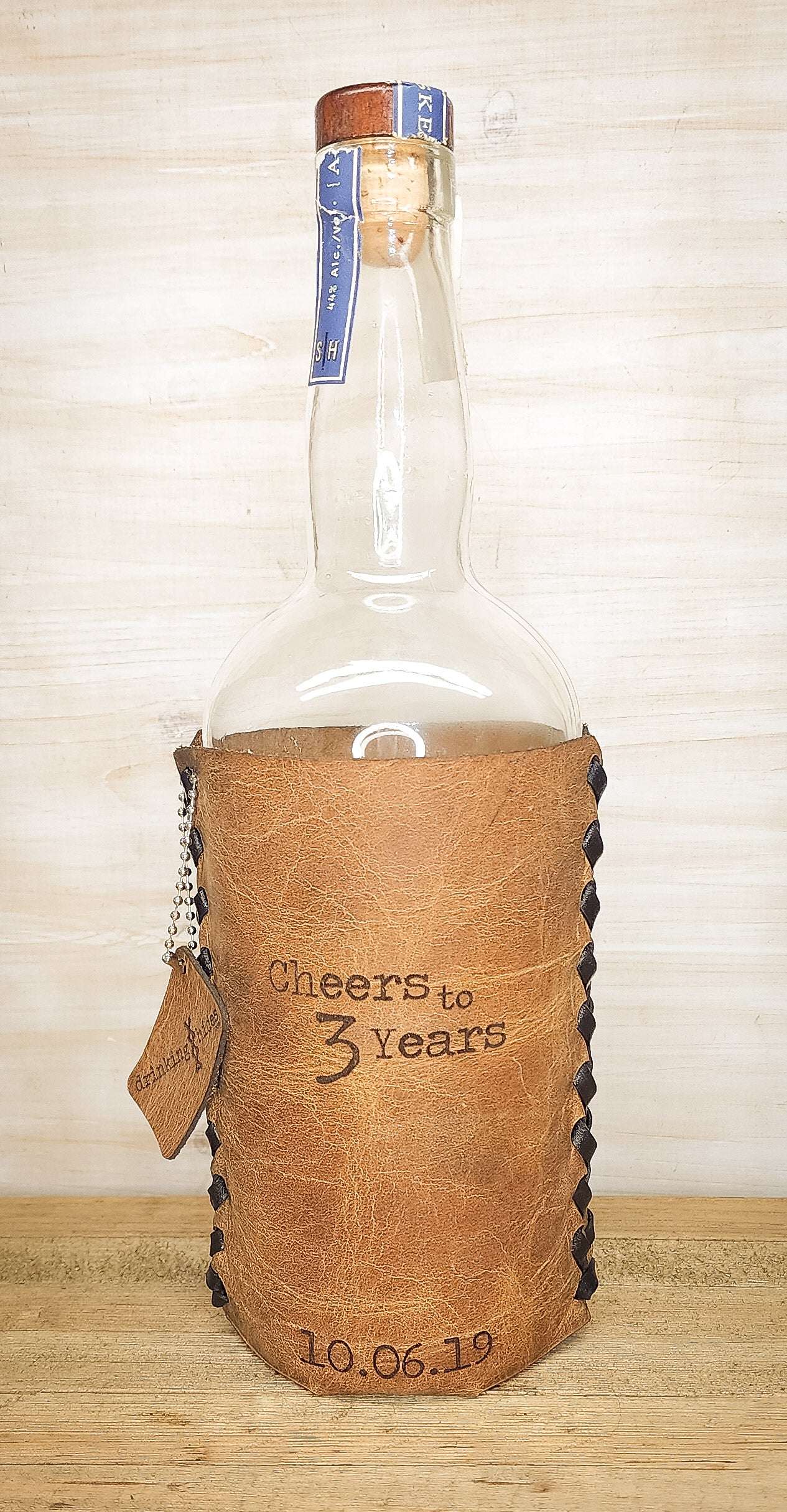 Cheers to 3 Years: Personalized Leather Cozie for Legendary Sipping Adventures!
