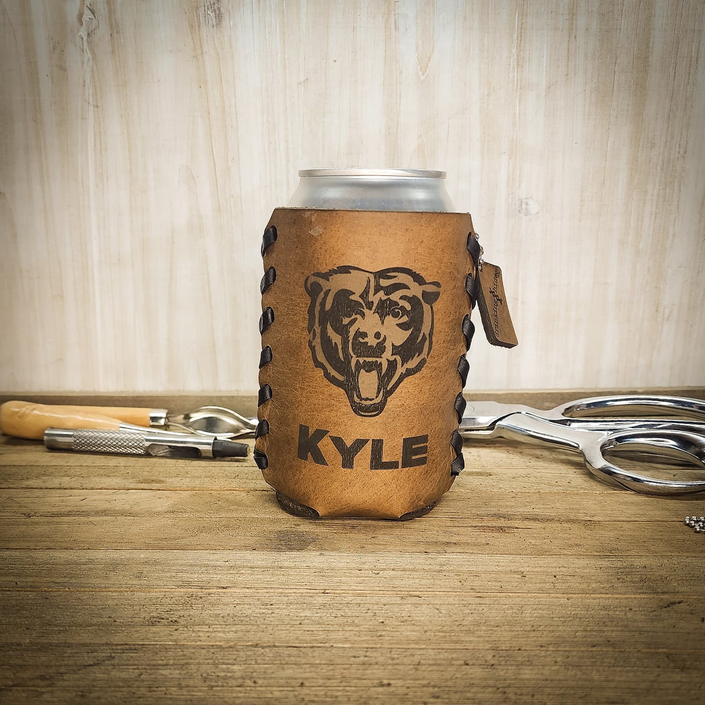 Premium leather drink sleeve personalized and custom fit to any can, bottle or glass