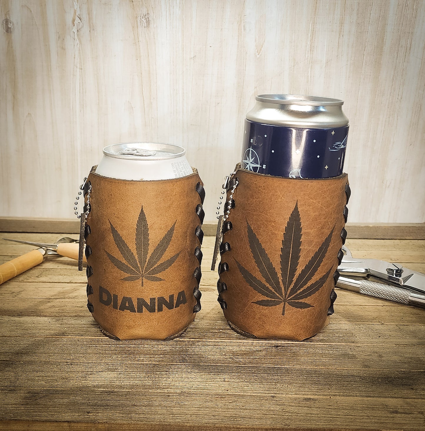 Premium leather drink sleeve personalized and custom fit to any can, bottle or glass