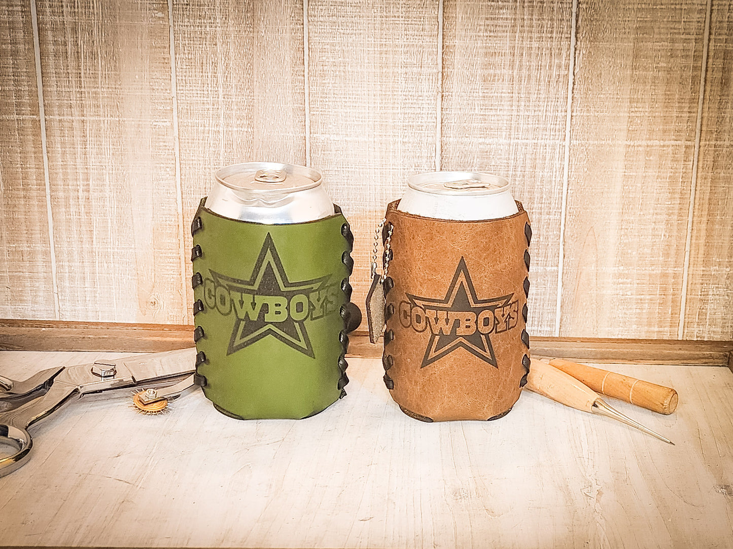 Premium leather football can cooler