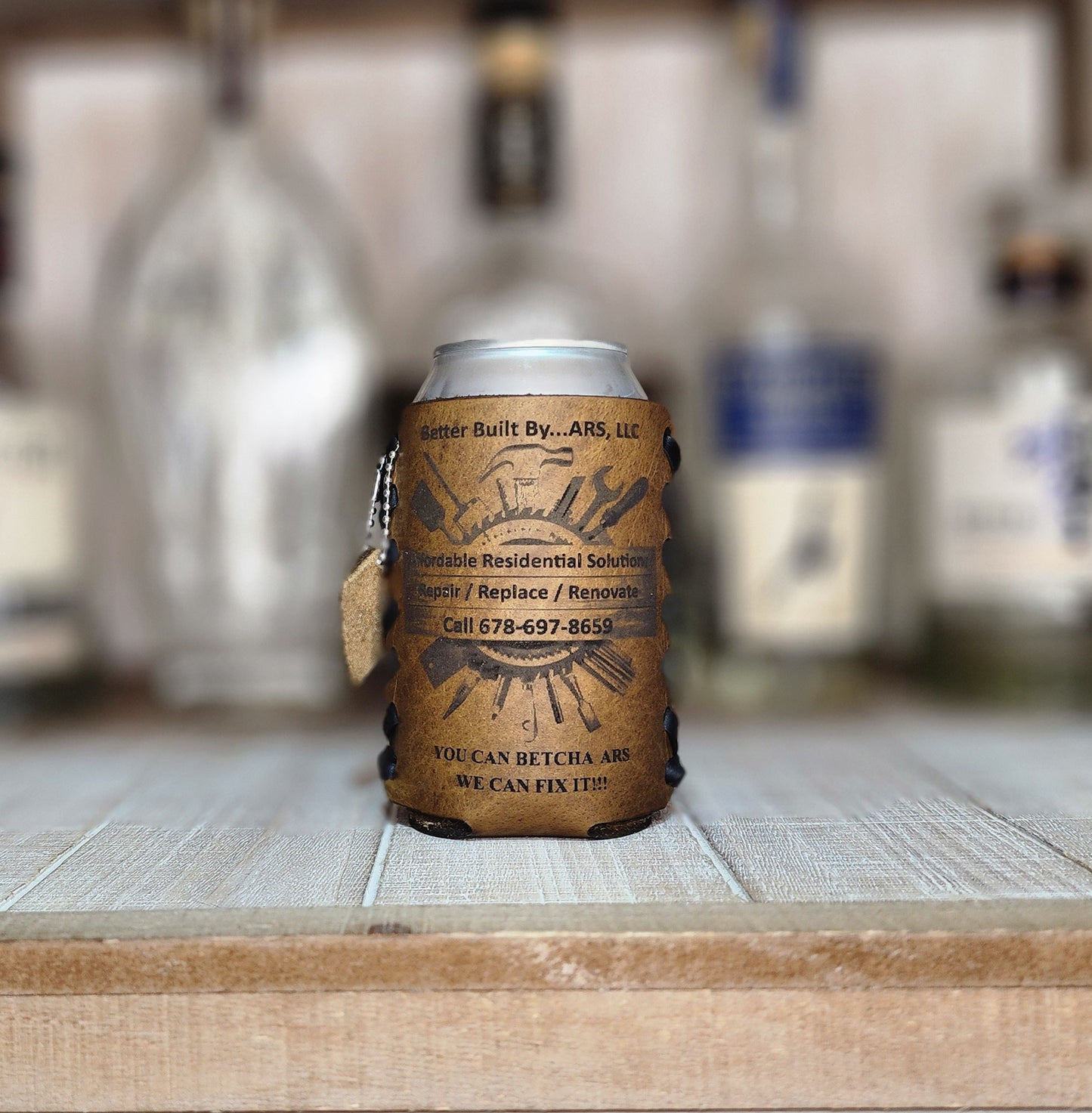 Premium leather drink sleeve personalized and custom fit to any can, bottle or glass