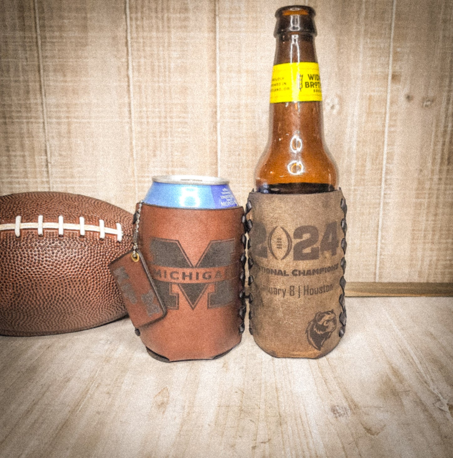 Michigan Wolverines National Championship Leather Can Cozie β Personalized Laser-Engraved Drink Cooler for Football Fans