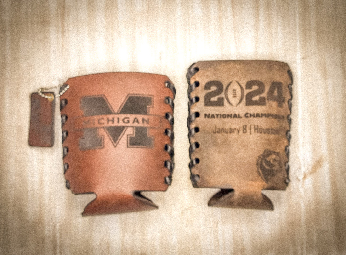 Michigan Wolverines National Championship Leather Can Cozie β Personalized Laser-Engraved Drink Cooler for Football Fans
