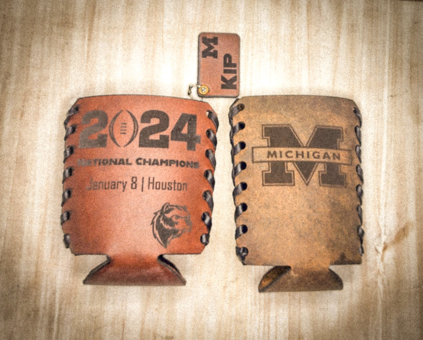 Michigan Wolverines National Championship Leather Can Cozie β Personalized Laser-Engraved Drink Cooler for Football Fans