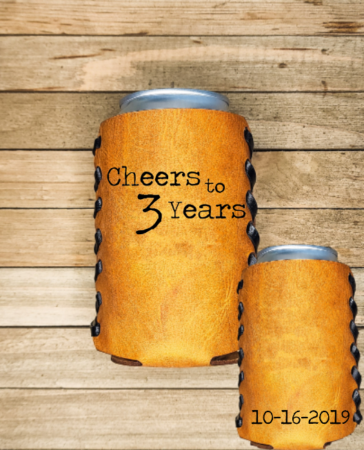 Personalized 3 year wedding anniversary leather cooler.