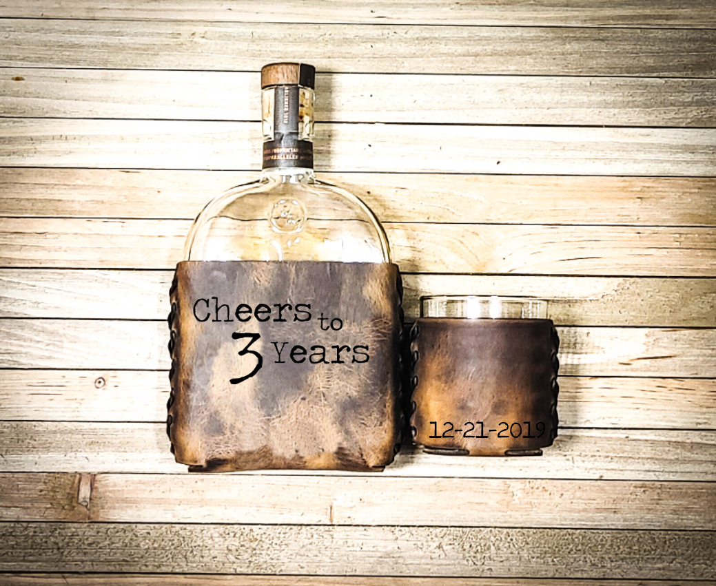 Personalized 3 Year Wedding Anniversary Leather Whiskey Set