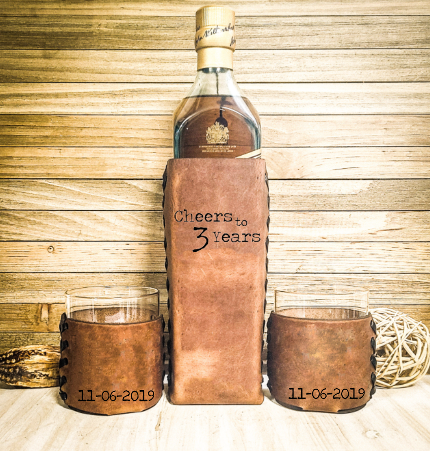 Personalized 3 Year Wedding Anniversary Leather Whiskey Set