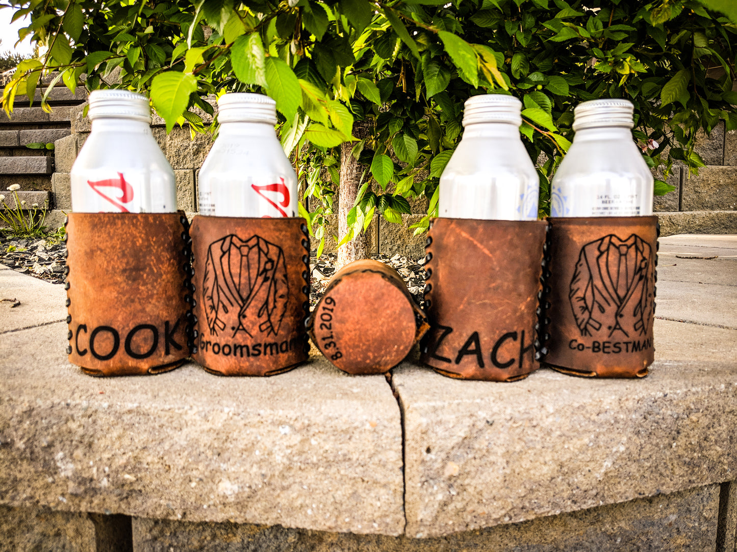 Personalized leather groomsmen koozies with groomsmen's names perfect gift for wedding parties unique groomsmen gifts groomsmen's gifts under $25