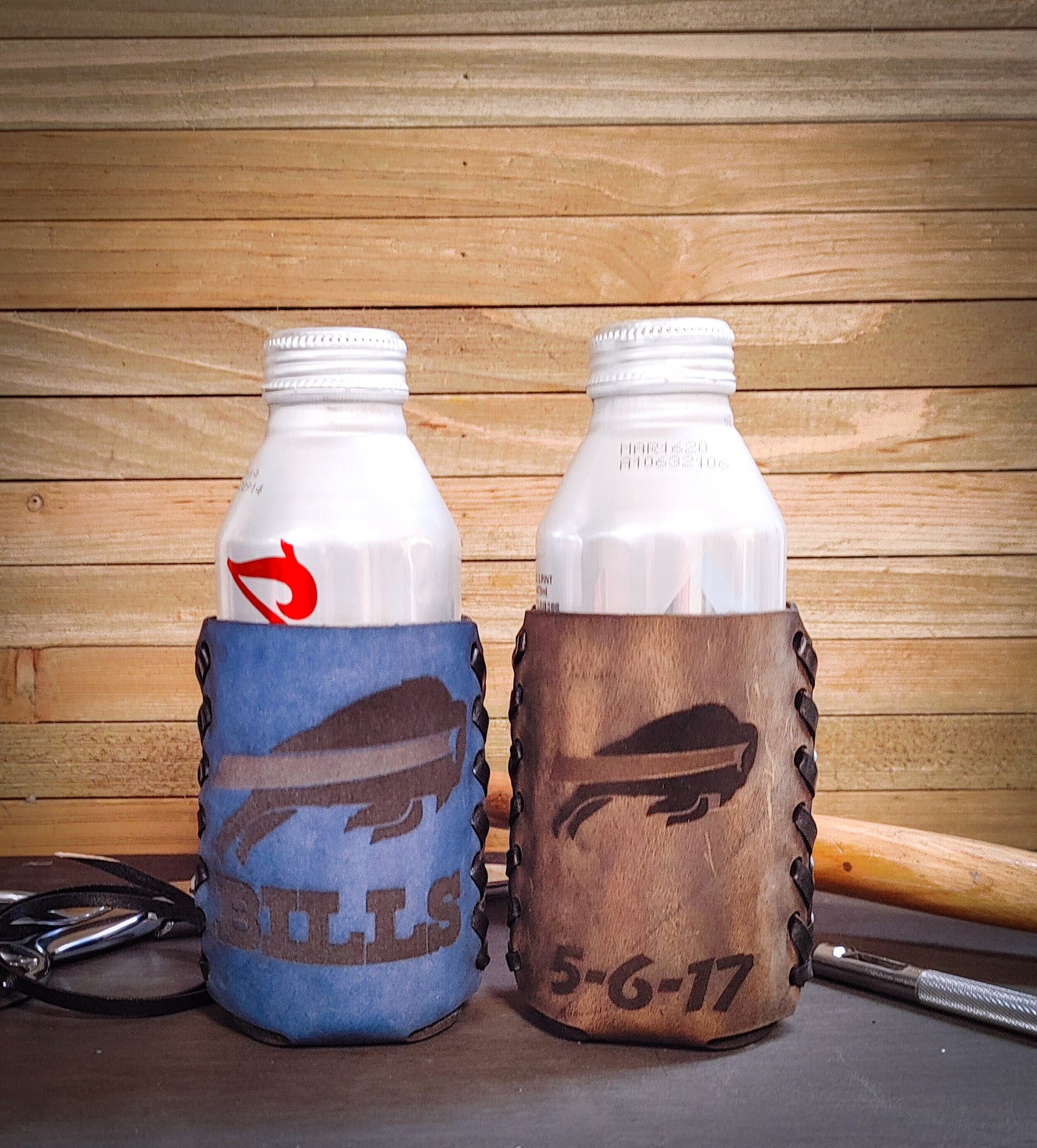 Premium leather drink sleeve personalized and custom fit to any can, bottle or glass