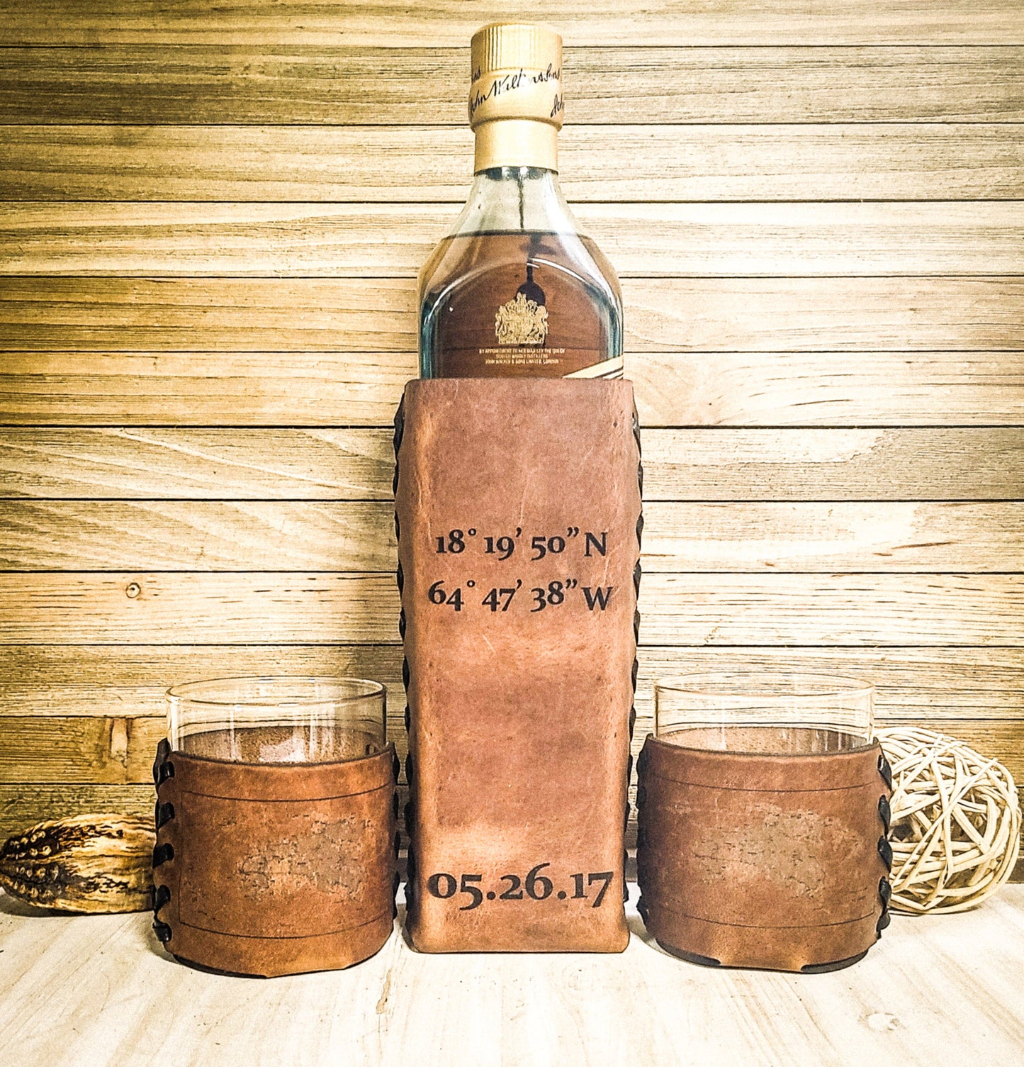 3 year whiskey set with premium leather with wedding coordinates and two whiskey glasses with wedding date in tan on a Johnnie Walker whiskey bottle 3-year wedding anniversary gift
