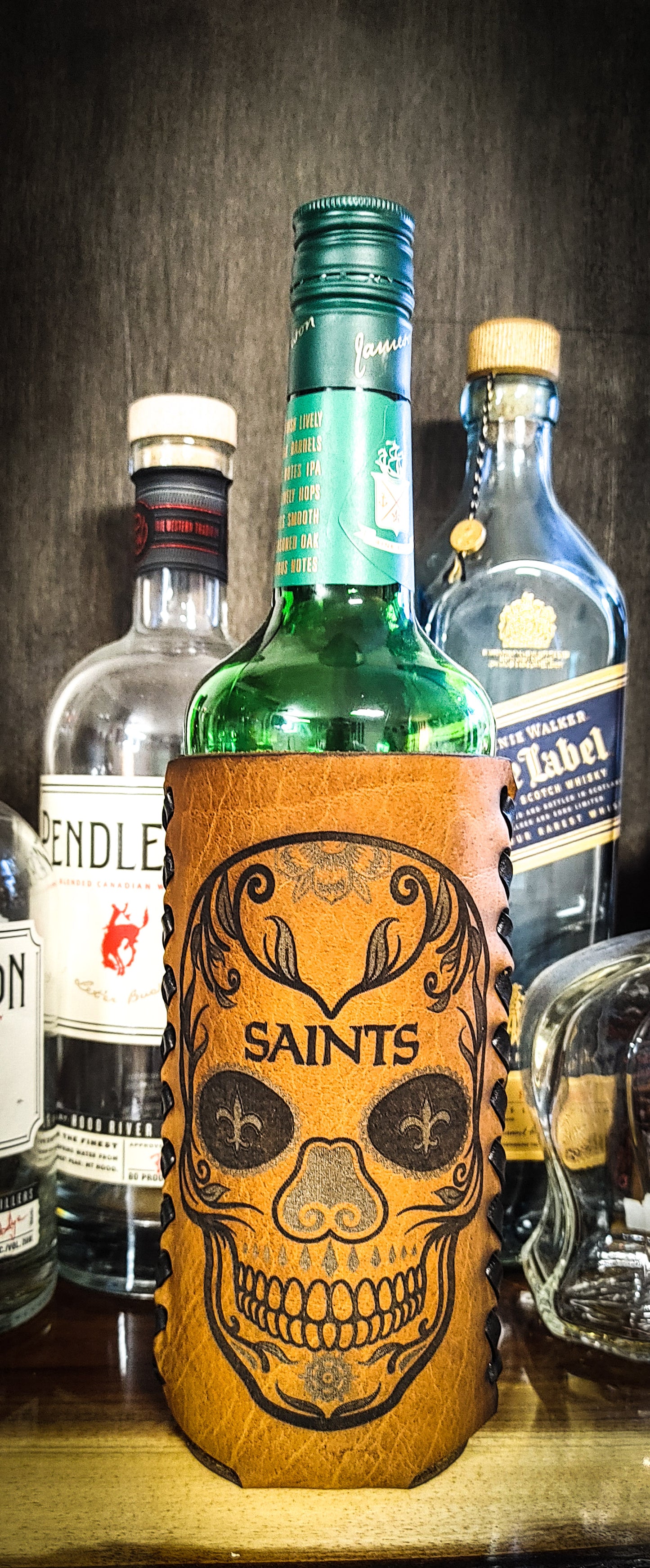 Leather whiskey set with leather wrapped whiskey glasses