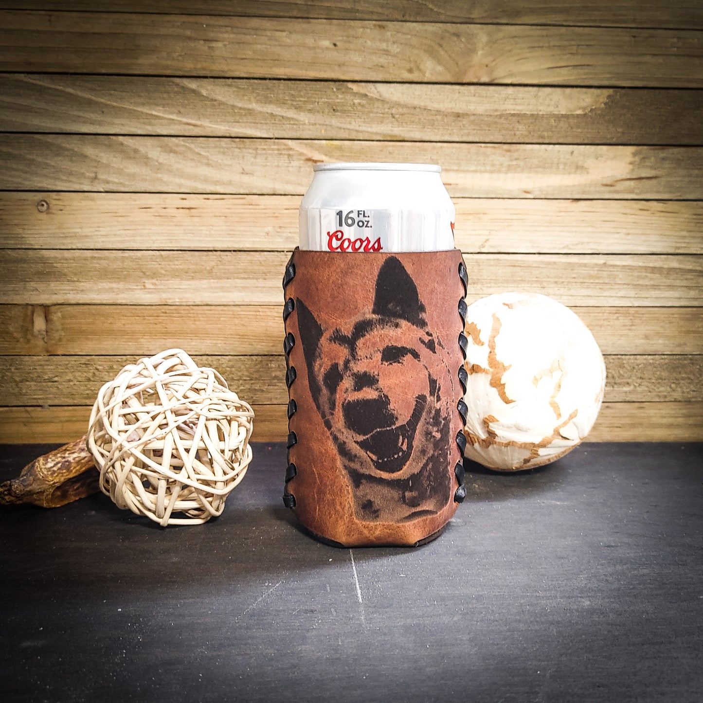Personalized leather can sleeve