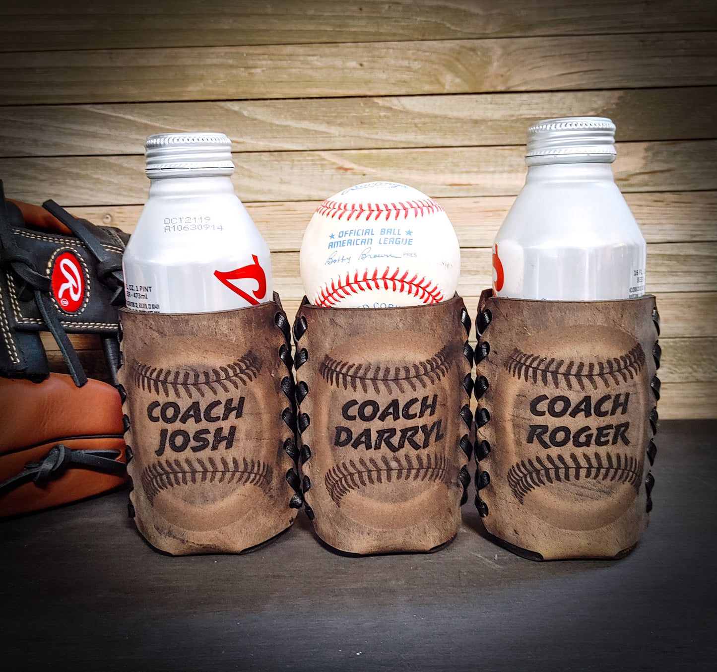Personalized Baseball Team Logo Leather Cozie - Custom Coach Gift - Premium Engraved Drink Sleeve for Baseball Fans