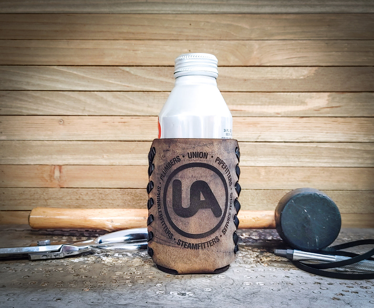 Personalized leather can sleeve