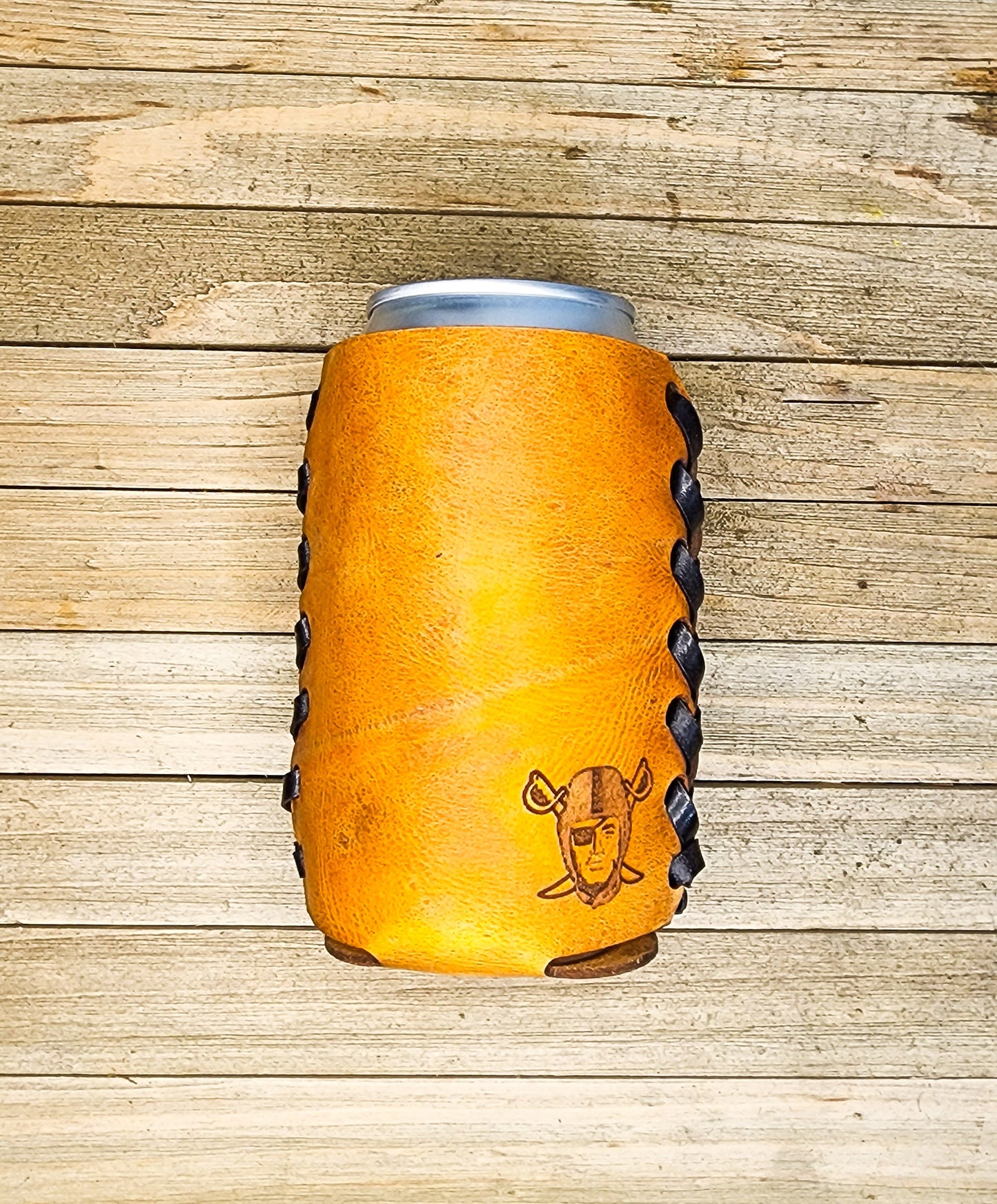 Back view of Las Vegas raiders premium leather koozie perfect birthday gift for football fans