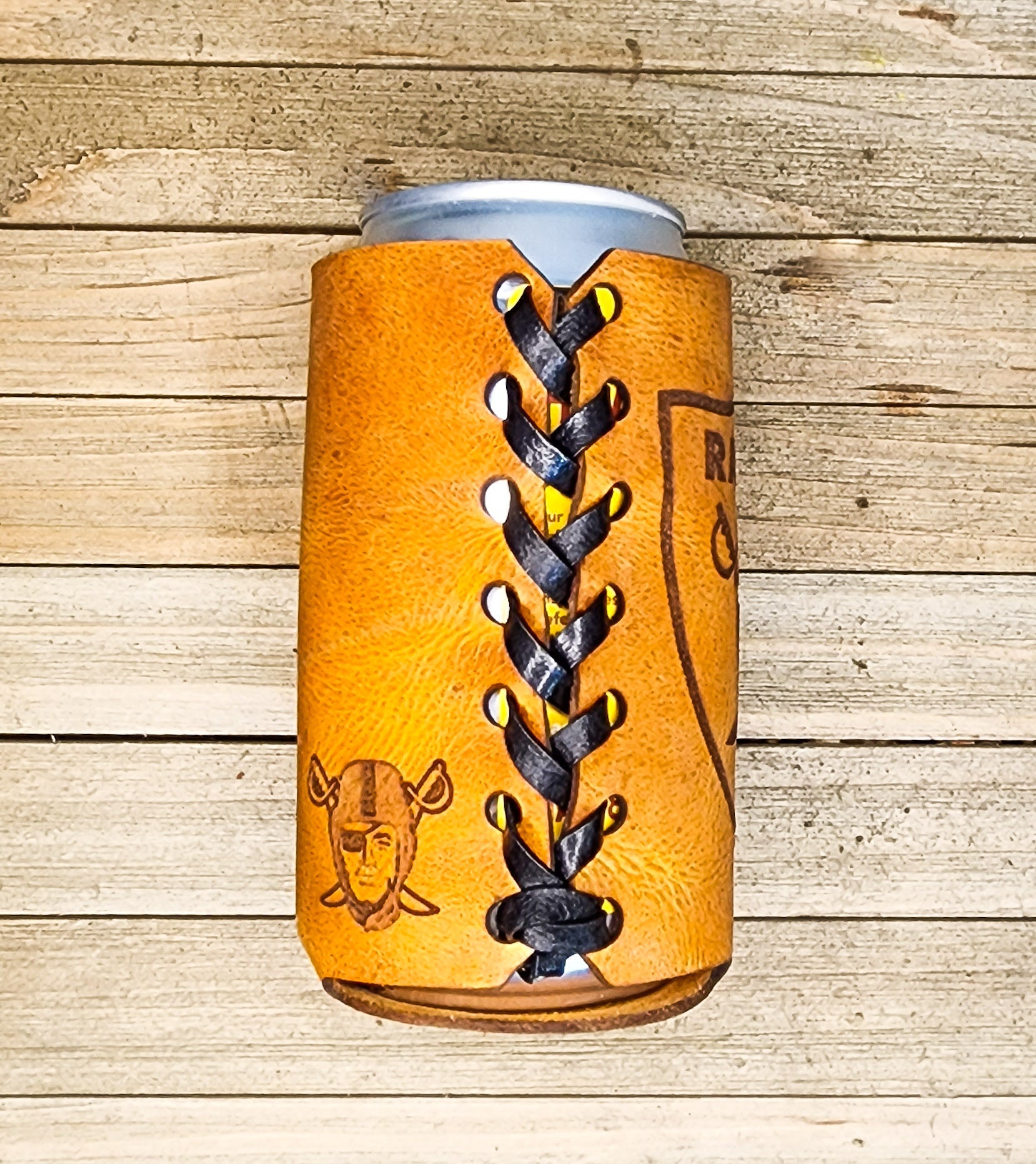 Side view of premium leather Las Vegas raiders football koozie perfect gift for raiders fans