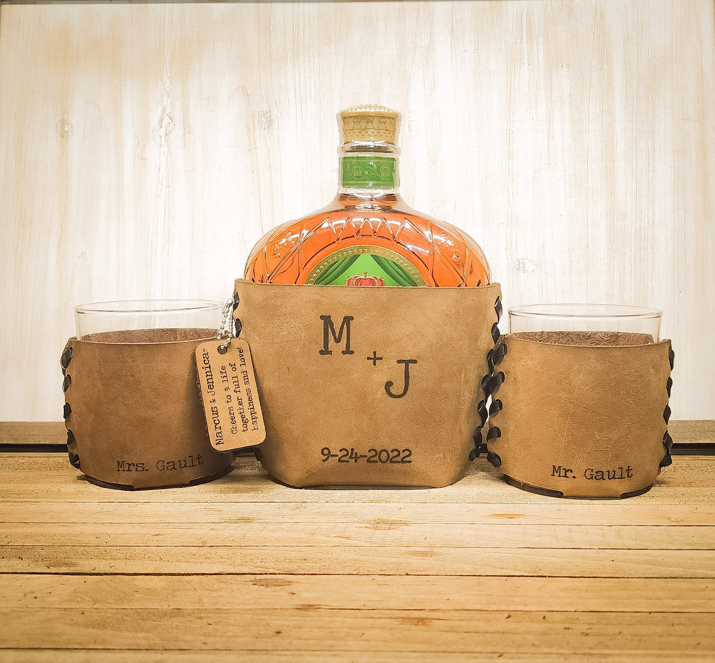 Leather whiskey set with leather wrapped whiskey glasses