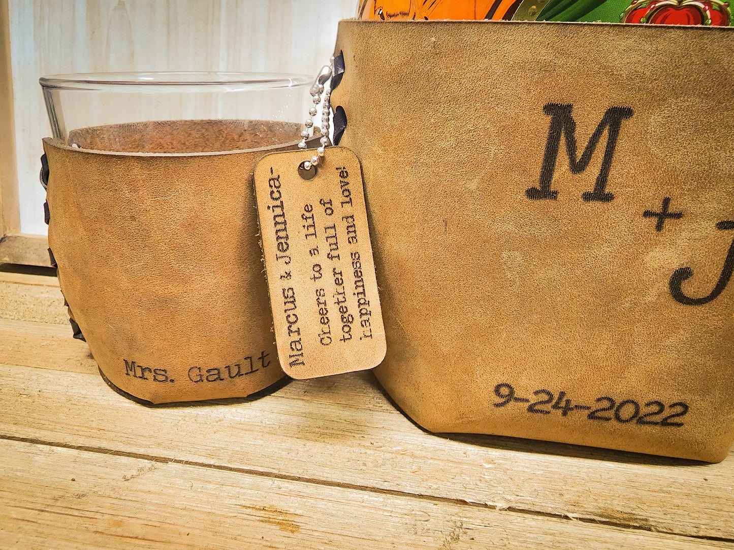 Leather whiskey set with leather wrapped whiskey glasses