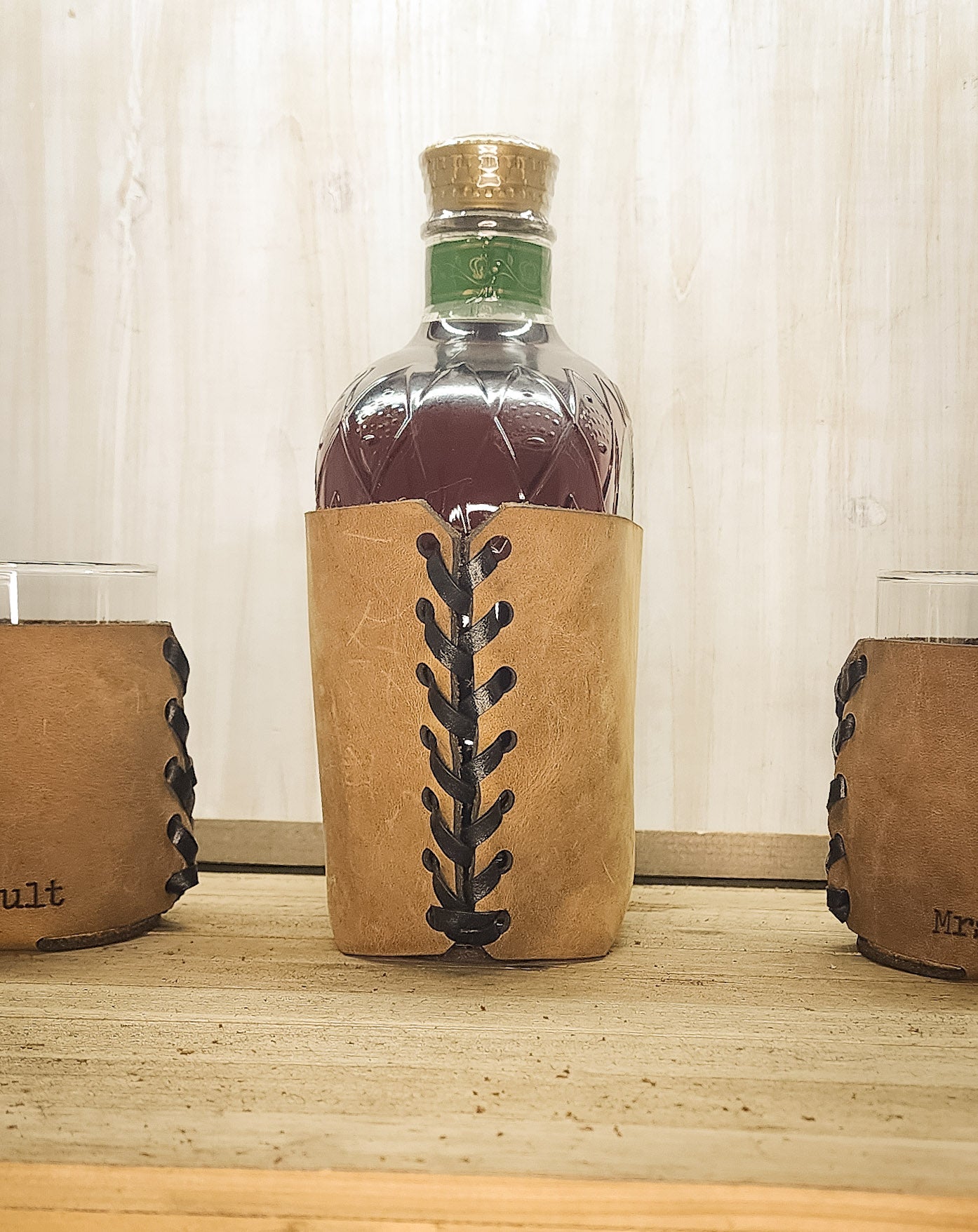 Leather whiskey set with leather wrapped whiskey glasses