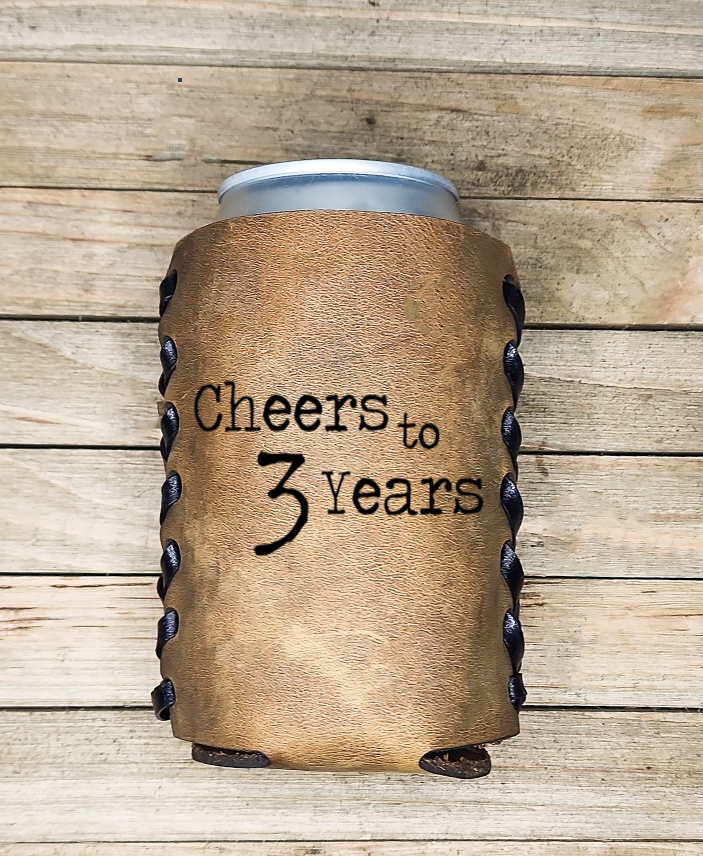 Cheers to 3 Years: Personalized Leather Cozie for Legendary Sipping Adventures!