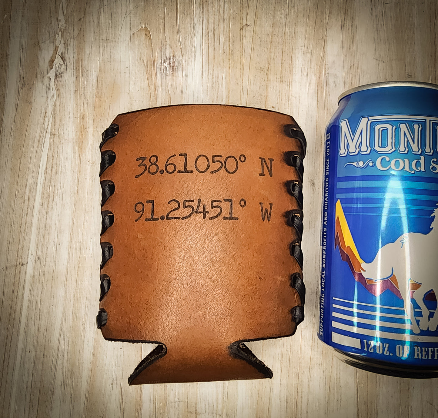 Premium leather anniversary can coozie.