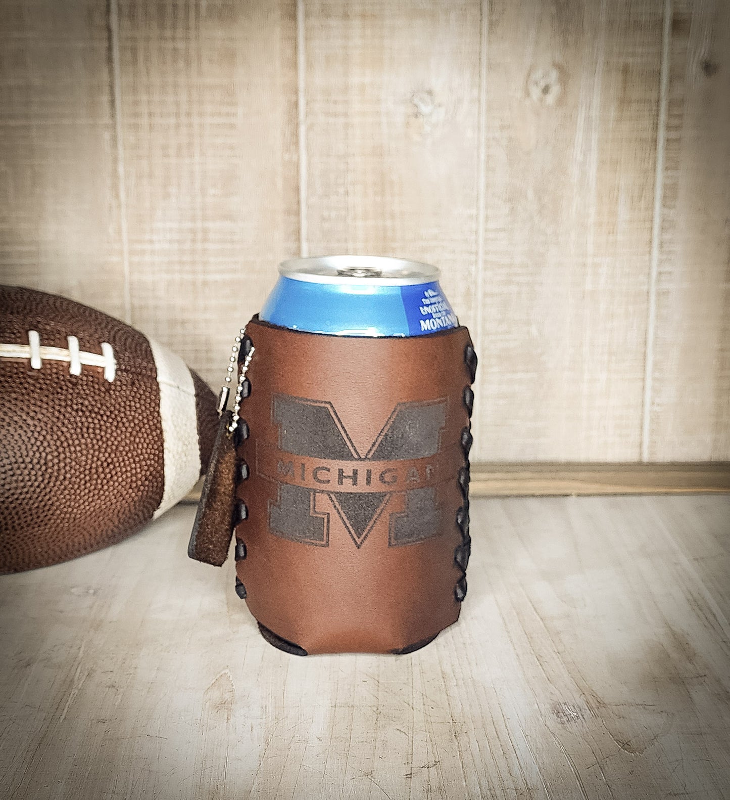 Michigan Wolverines National Championship Leather Can Cozie – Personalized Laser-Engraved Drink Cooler for Football Fans