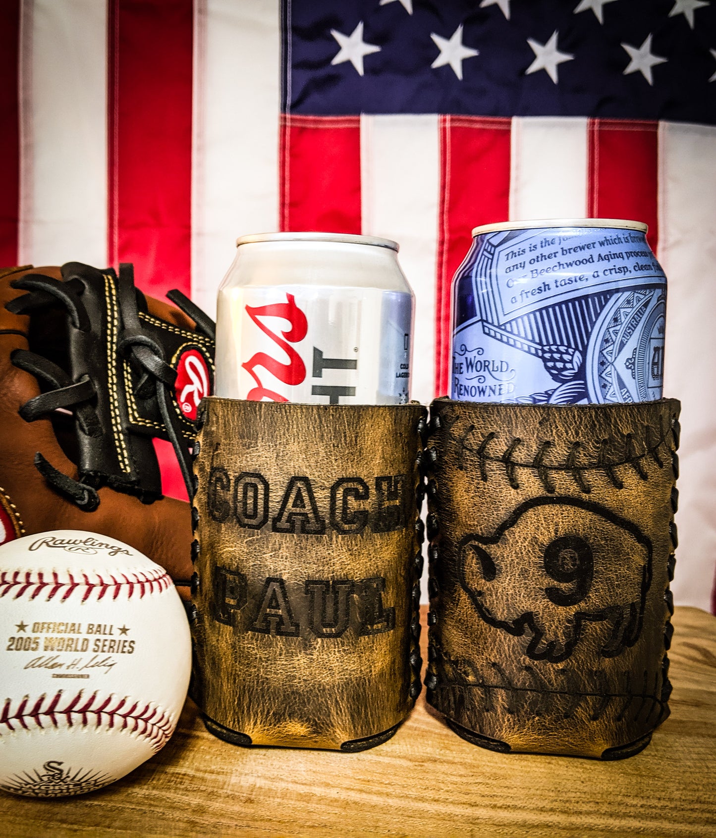 Personalized Baseball Team Logo Leather Cozie - Custom Coach Gift - Premium Engraved Drink Sleeve for Baseball Fans