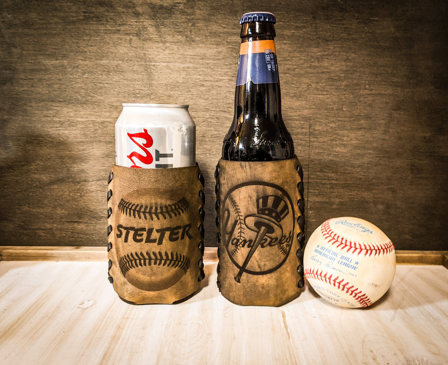 Premium leather drink sleeve personalized and custom fit to any can, bottle or glass