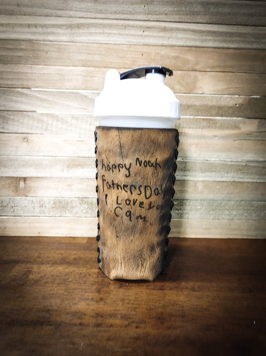 Premium leather blender bottle koozie with kids handwriting that says Happy Father's Day I love you and brown