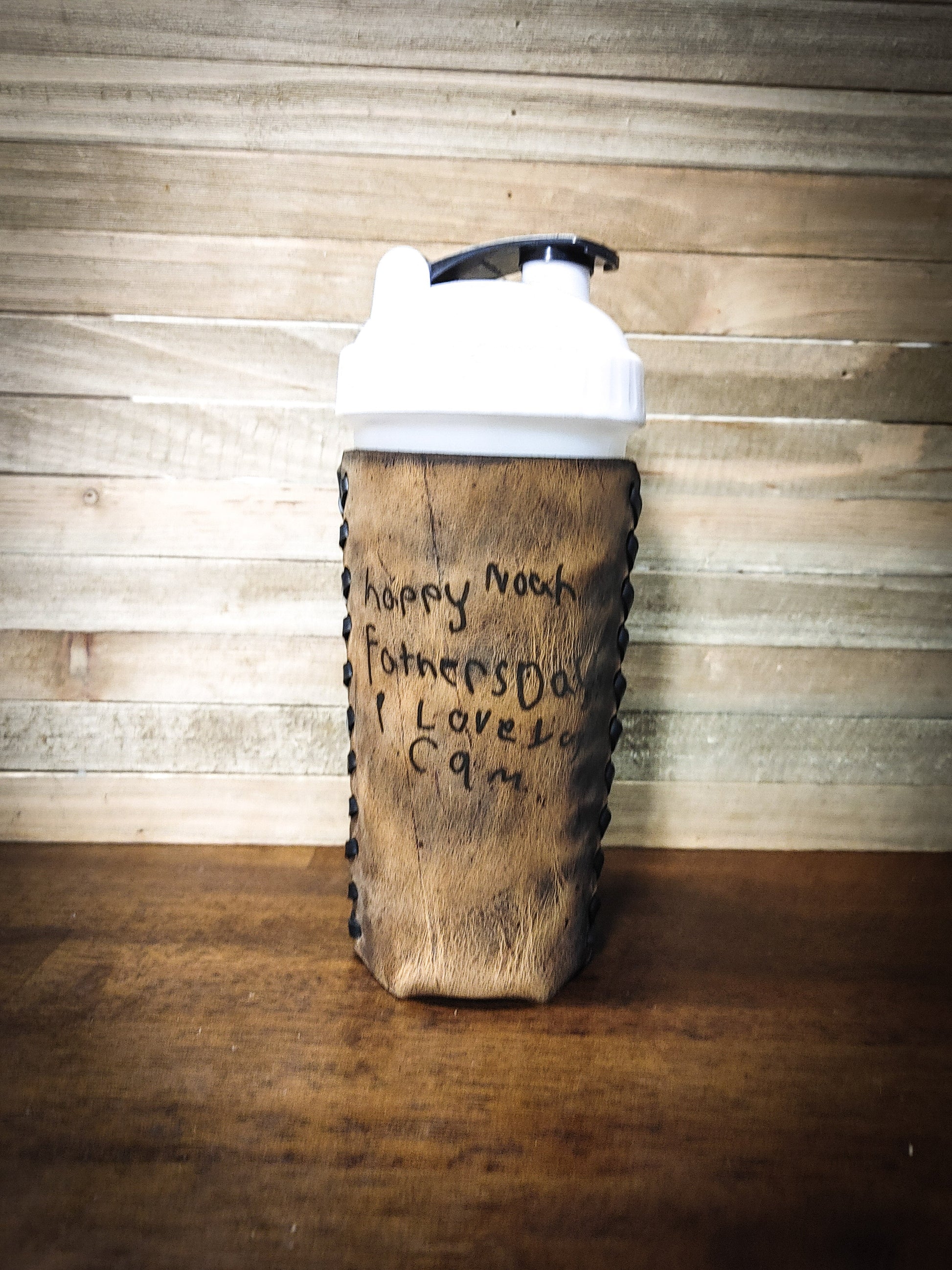  unique Father's Day gift ideas Premium leather blender bottle koozie with kids handwriting that says Happy Father's Day I love you and brown