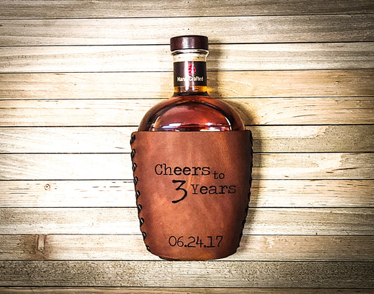 3-year wedding anniversary gift Cheers to three years leather whiskey set in Brown wrapped around four roses whiskey bottle