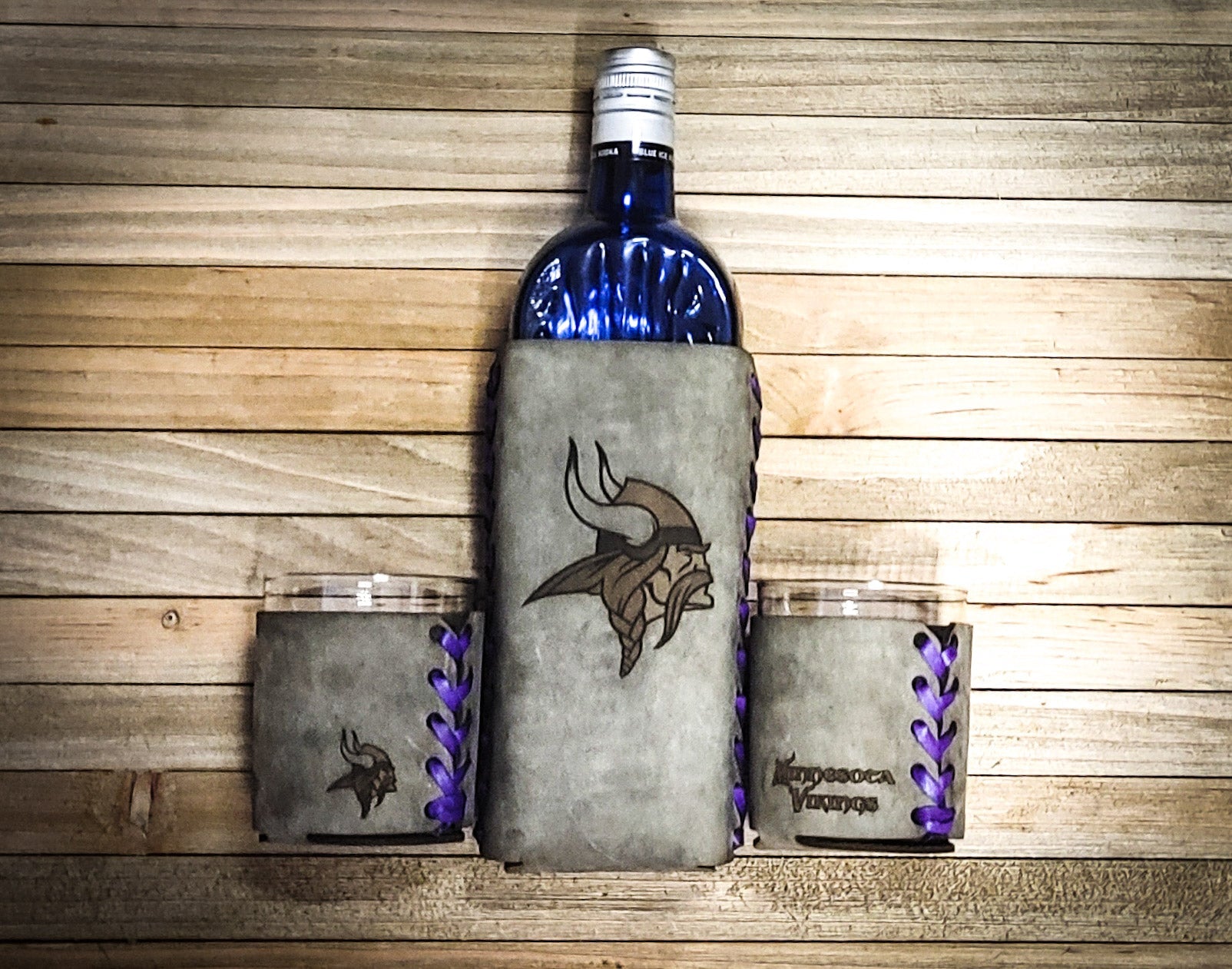 Minnesota Vikings leather wrapped whiskey set in Gray with two glasses and purple leather lacing. Around ice vodka liquor bottle 3 year wedding anniversary gift for husband