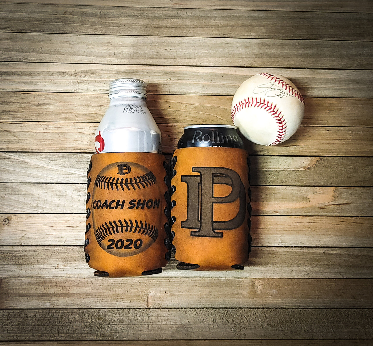 210 custom koozies engraved with baseball logo and personalized to coach show with the year 2020 coach's gift ideas