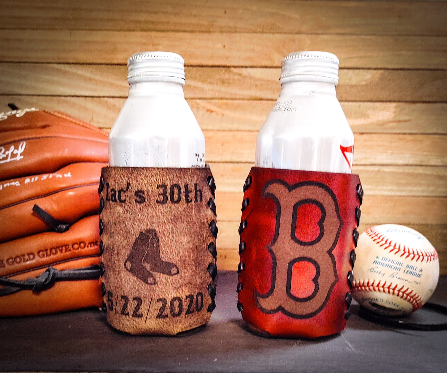 Boston Red Sox customized leather koozies in brown and red with Boston b and personalization that says Zach's 30th birthday on Coors light can Father's Day gift ideas for baseball fans