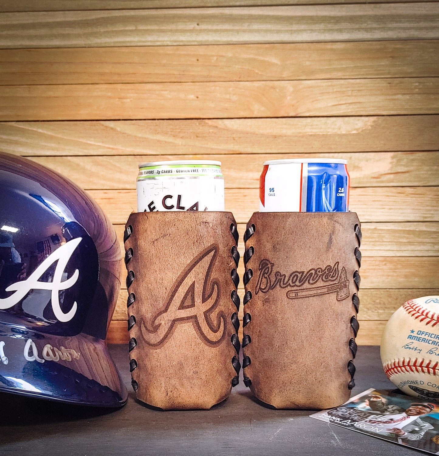 Atlanta braves leather koozie in brown color perfect Father's Day gift ideas