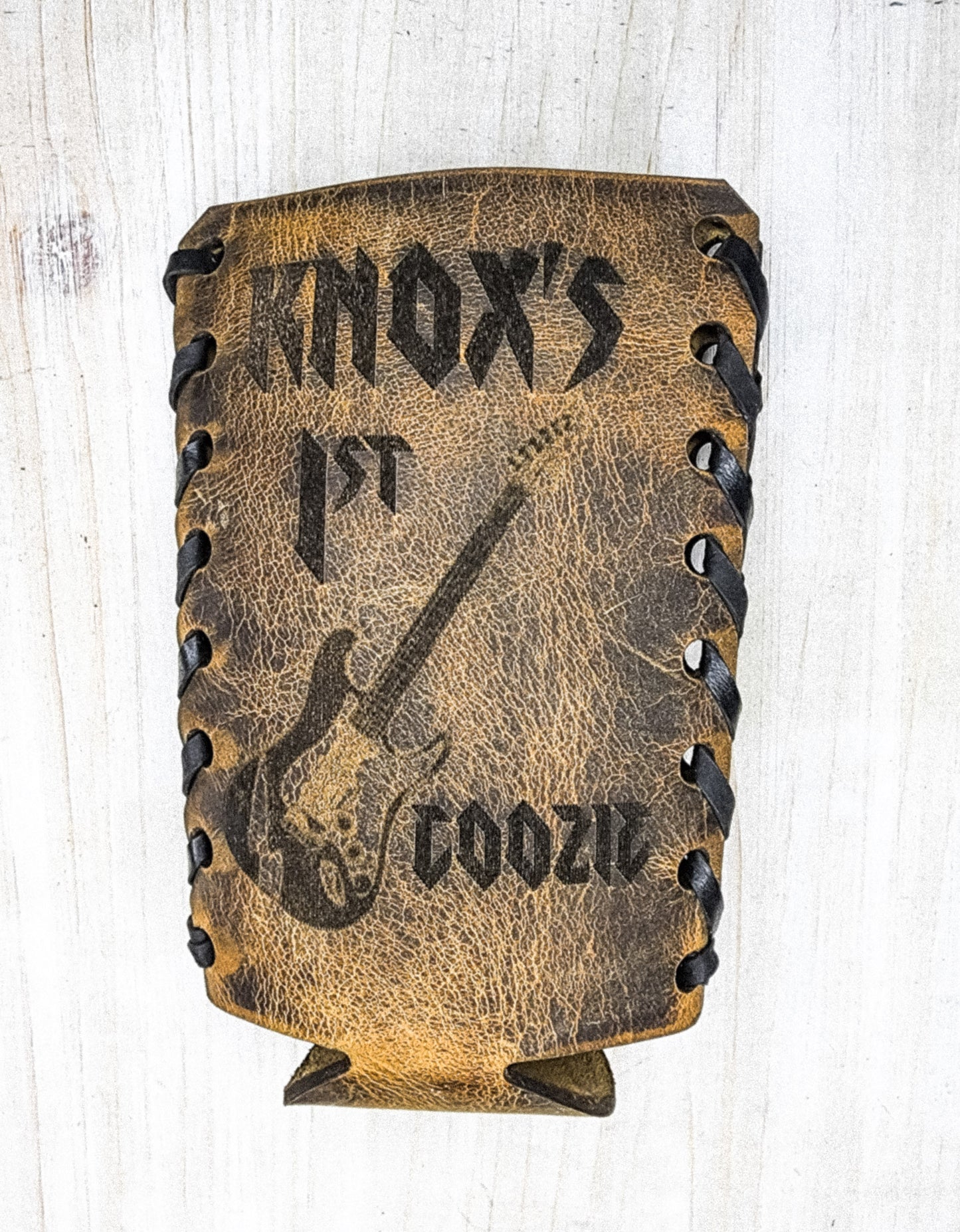 Personalized leather koozie for baby bottle wine flat says noxus first koozie with an image of a guitar unique baby shower gifts for boys