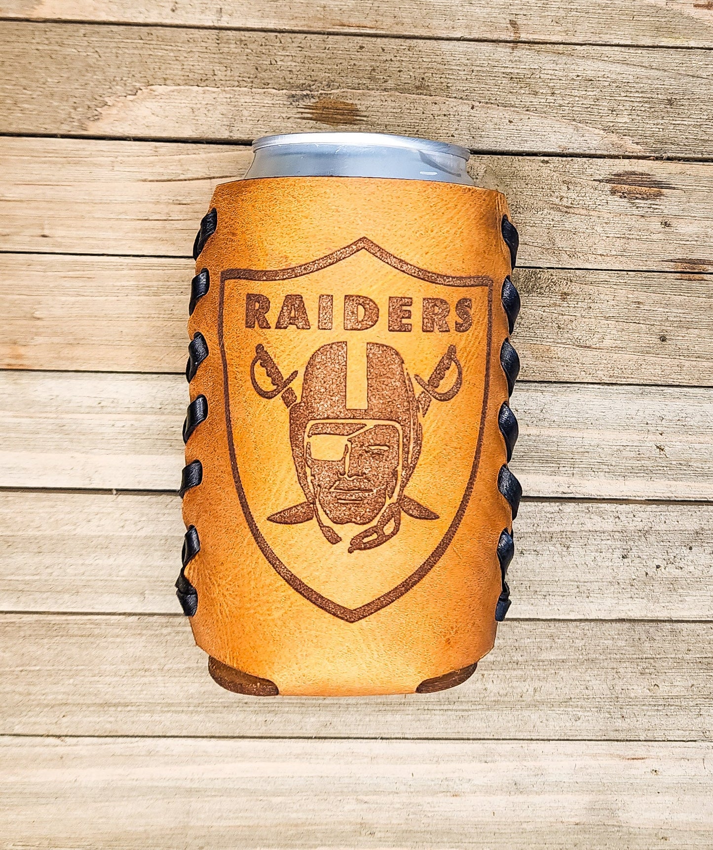 Las Vegas raiders premium leather koozie in tan perfect gift for football fans