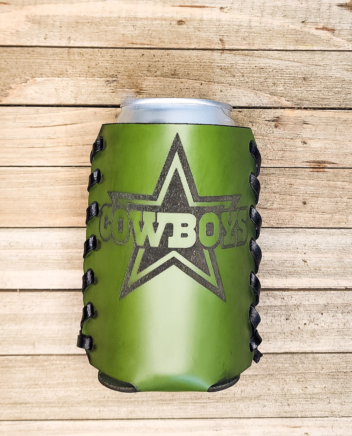 Green leather personalized koozie with cowboys logo personalized gifts for cowboys fans