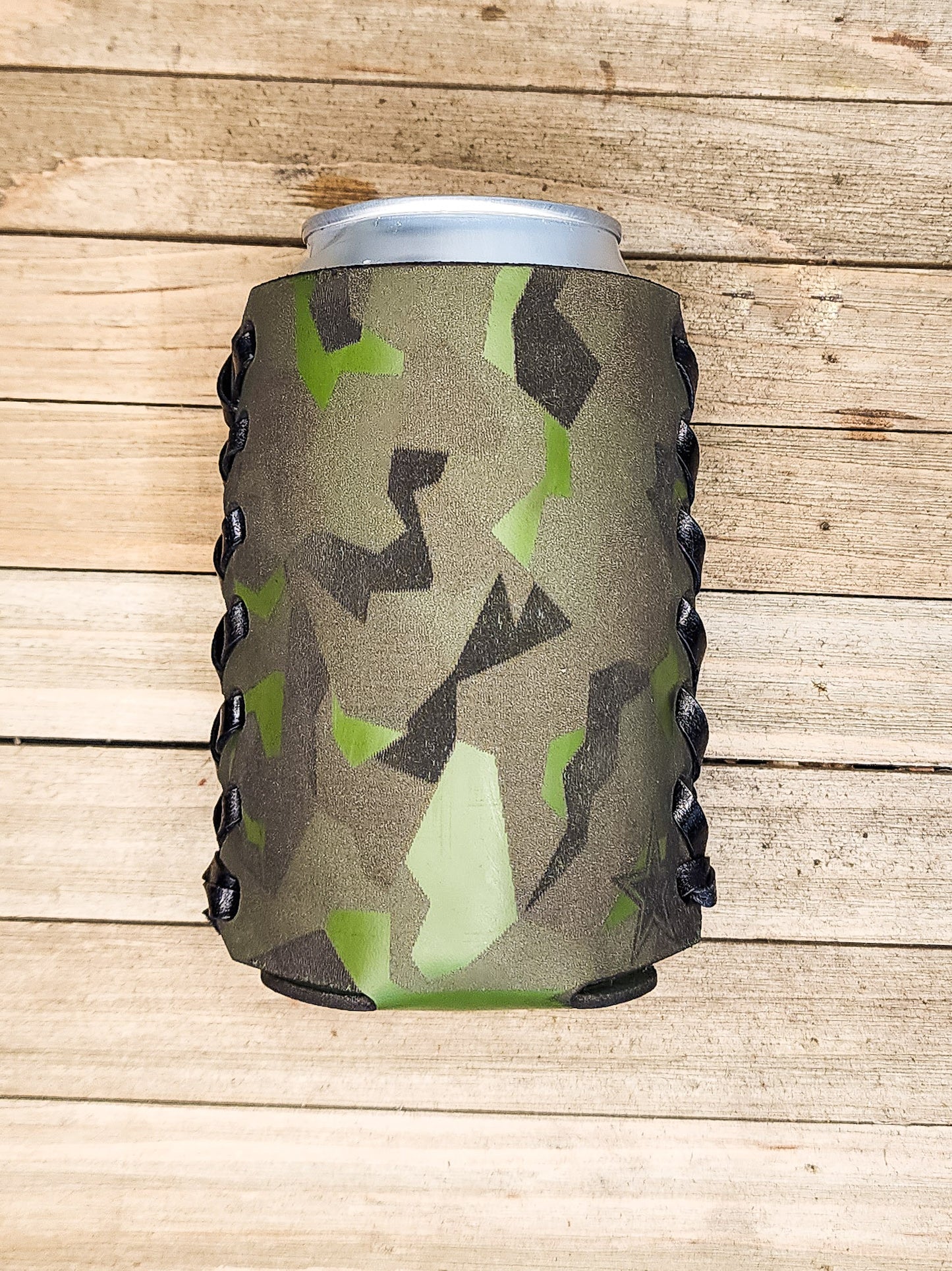 Digital camo green leather personalized koozie engraved with camo print unique gift for cowboys fans