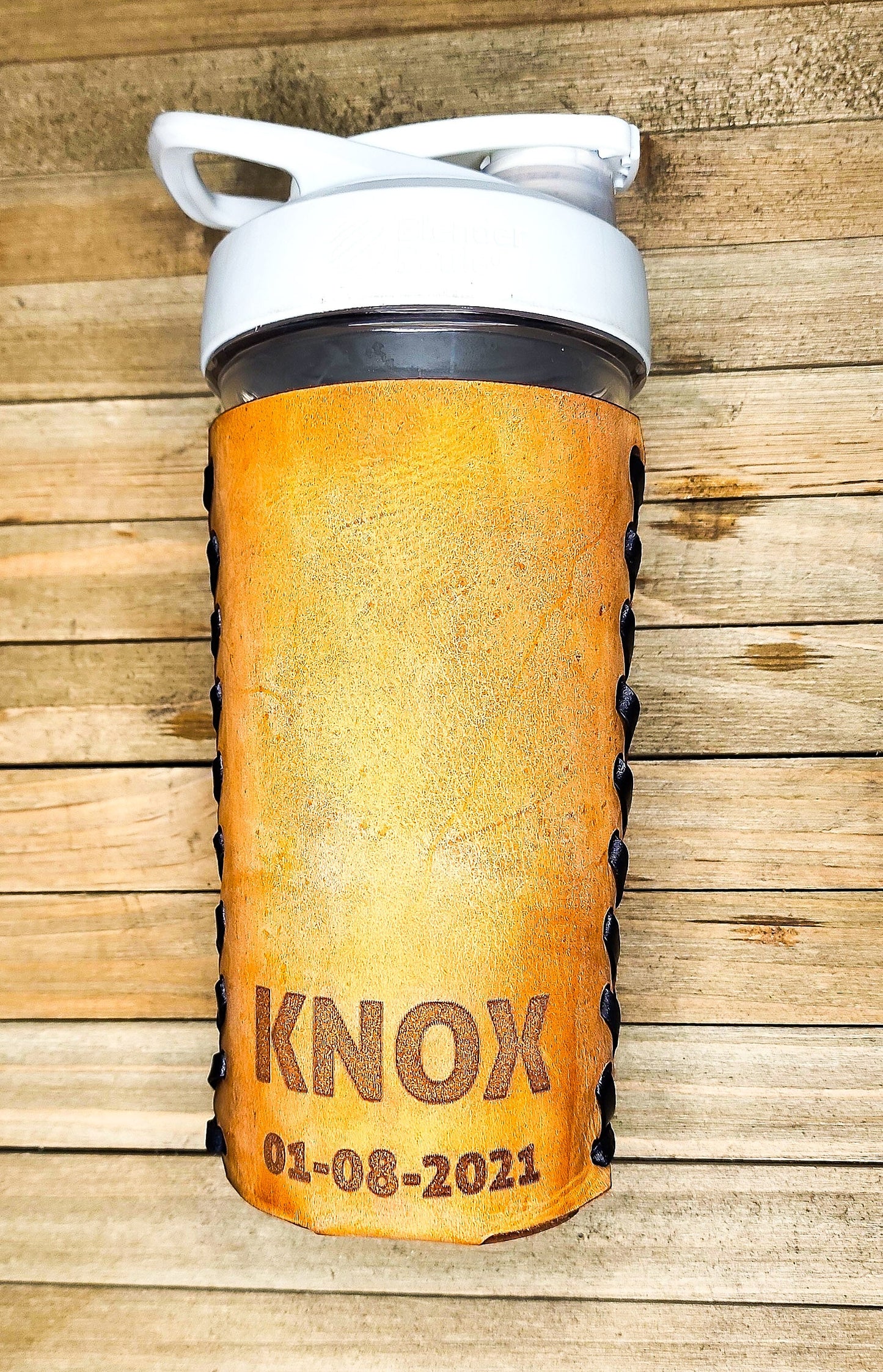 Personalized Father's Day gifts from kids leather wrapped blender bottle with child's birthday