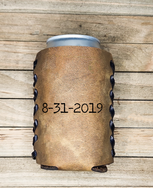 Premium leather anniversary can coozie.